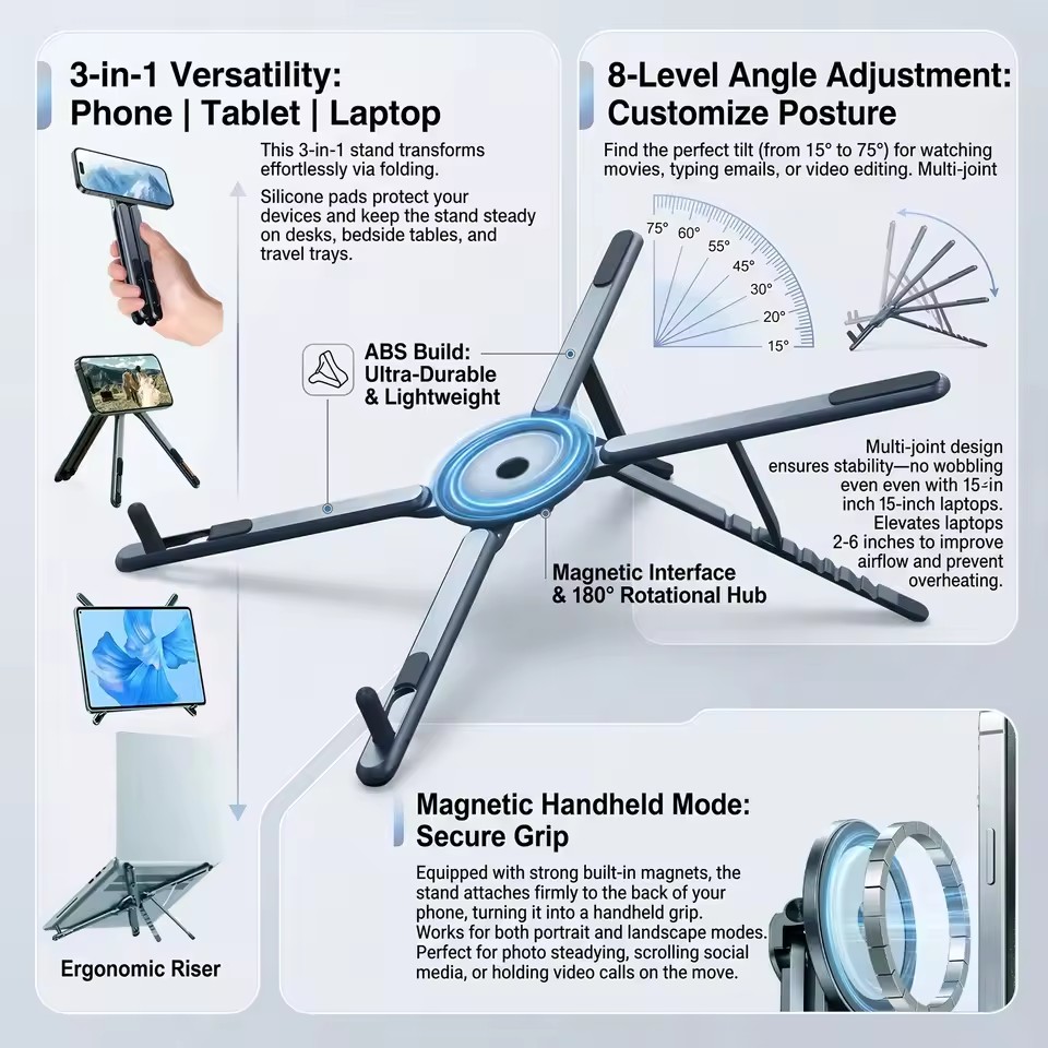 Laptop Tablet Accessories - Tragbarer Magnetischer Handyhalter & Selfie-Stick 3-in-1